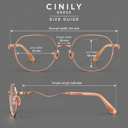 Rounded titanium glasses with a short bridge and distinctive wavy metal temples, size guide in millimetres additional product view