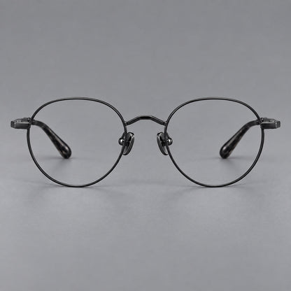 Retro panto titanium glasses with faceted corners and mottled curved temple tips in Black, front view side view