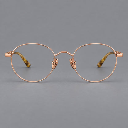 Retro panto titanium glasses with faceted corners and mottled curved temple tips in Rose Gold, front view additional product view