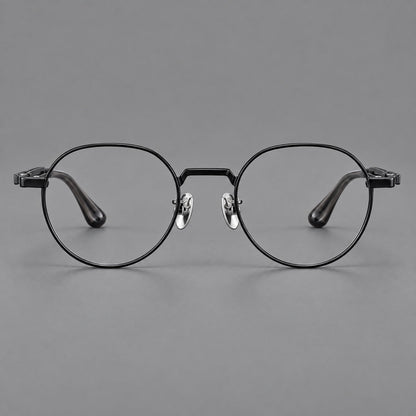 Small panto titanium glasses with an angular bridge and recessed temple details in Black, front view side view
