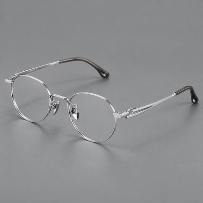Small panto titanium glasses with an angular bridge and recessed temple details in Silver, three quarter view additional product view