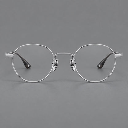 Small panto titanium glasses with an angular bridge and recessed temple details in Silver, front view additional product view