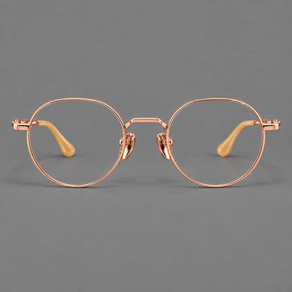 Small panto titanium glasses with an angular bridge and recessed temple details in Rose Gold, front view additional product view