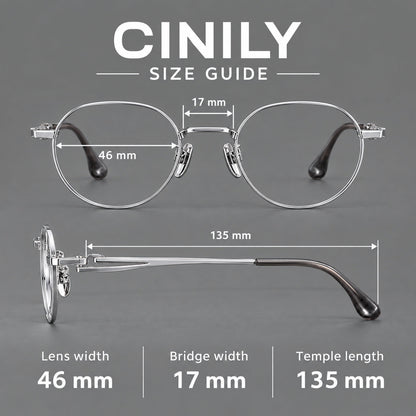 Small panto titanium glasses with an angular bridge and recessed temple details, size guide in millimetres additional product view