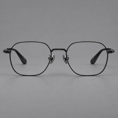 Soft square titanium glasses with an angular bridge and layered corner details in Black, front view side view