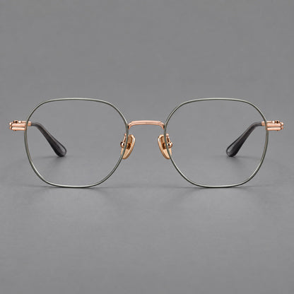 Soft square titanium glasses with an angular bridge and layered corner details in Green and Rose Gold, front view frame detail