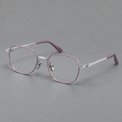Soft square titanium glasses with an angular bridge and layered corner details in Purple and Silver, three quarter view lens detail