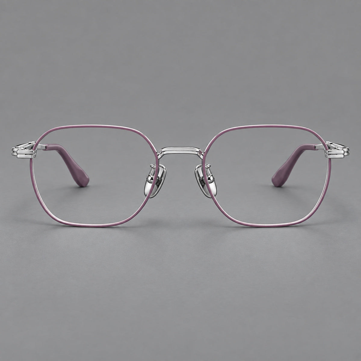 Soft square titanium glasses with an angular bridge and layered corner details in Purple and Silver, front view