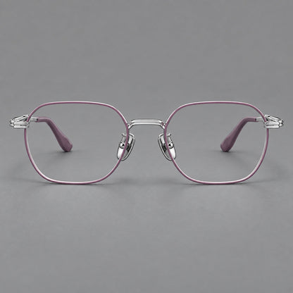 Soft square titanium glasses with an angular bridge and layered corner details in Purple and Silver, front view temple detail