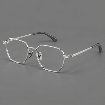 Soft square titanium glasses with an angular bridge and layered corner details in Silver, three quarter view additional product view