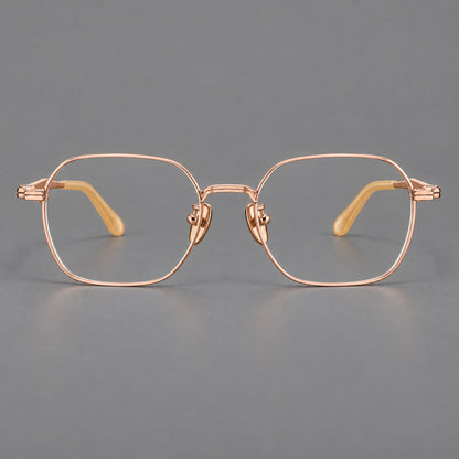 Soft square titanium glasses with an angular bridge and layered corner details in Rose Gold, front view additional product view