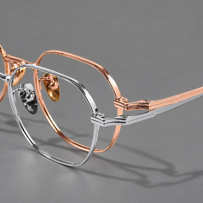 Soft square titanium glasses with an angular bridge and layered corner details, frame details additional product view