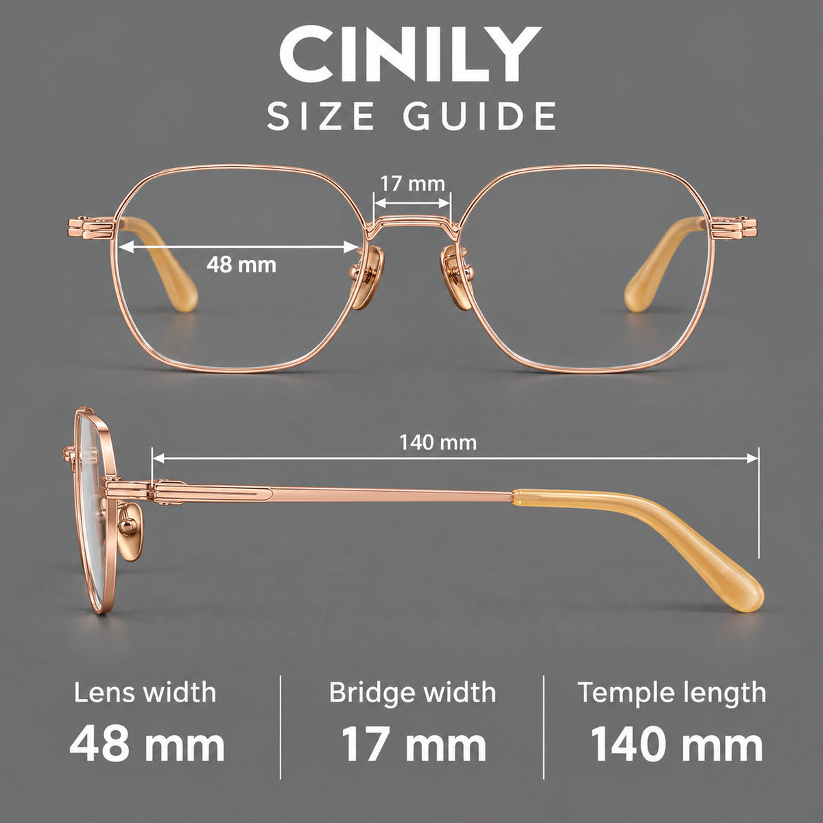 Soft square titanium glasses with an angular bridge and layered corner details, size guide in millimetres