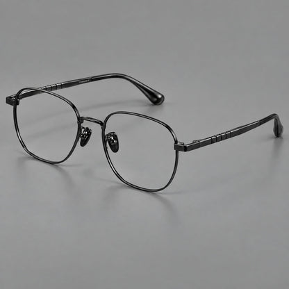 Soft square titanium glasses with a raised bridge and engraved temple bands in Black, three quarter view
