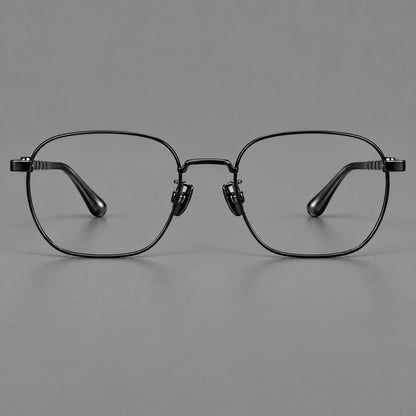 Soft square titanium glasses with a raised bridge and engraved temple bands in Black, front view side view