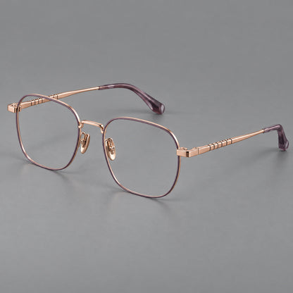 Soft square titanium glasses with a raised bridge and engraved temple bands in Purple and Rose Gold, three quarter view front view