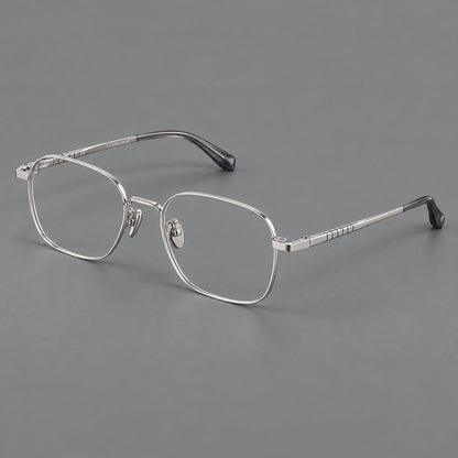 Soft square titanium glasses with a raised bridge and engraved temple bands in Silver, three quarter view additional product view