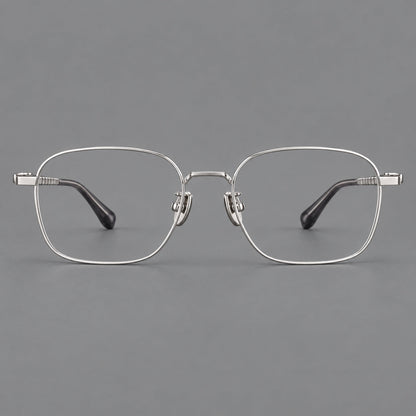 Soft square titanium glasses with a raised bridge and engraved temple bands in Silver, front view additional product view