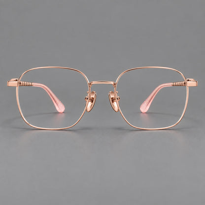 Soft square titanium glasses with a raised bridge and engraved temple bands in Rose Gold, front view additional product view