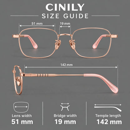 Soft square titanium glasses with a raised bridge and engraved temple bands, size guide in millimetres additional product view