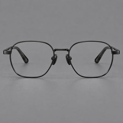 Rounded panto titanium glasses with an angular bridge and broad flat temples in Black, front view side view