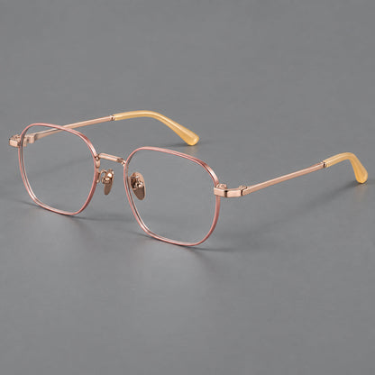 Rounded panto titanium glasses with an angular bridge and broad flat temples in Pink and Rose Gold, three quarter view front view