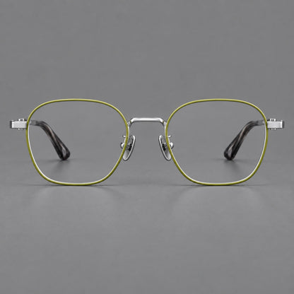 Rounded panto titanium glasses with an angular bridge and broad flat temples in Green and Silver, front view temple detail