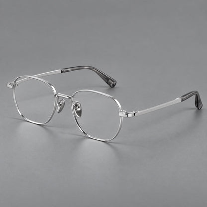 Rounded panto titanium glasses with an angular bridge and broad flat temples in Silver, three quarter view additional product view