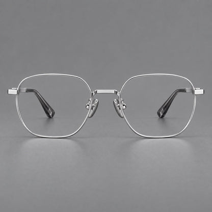 Rounded panto titanium glasses with an angular bridge and broad flat temples in Silver, front view additional product view