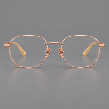 Rounded panto titanium glasses with an angular bridge and broad flat temples in Rose Gold, front view additional product view