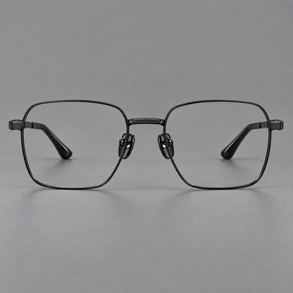 Geometric square titanium glasses with a textured bridge and fine temple grooves in Black, front view side view