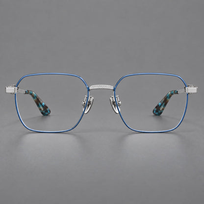 Geometric square titanium glasses with a textured bridge and fine temple grooves in Blue and Silver, front view temple detail