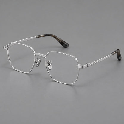 Geometric square titanium glasses with a textured bridge and fine temple grooves in Silver, three quarter view additional product view