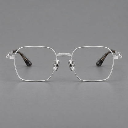 Geometric square titanium glasses with a textured bridge and fine temple grooves in Silver, front view additional product view
