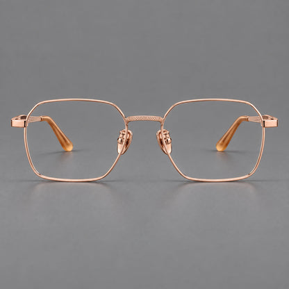 Geometric square titanium glasses with a textured bridge and fine temple grooves in Rose Gold, front view additional product view