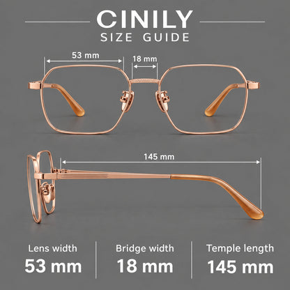 Geometric square titanium glasses with a textured bridge and fine temple grooves, size guide in millimetres additional product view