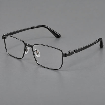 Wide rectangular titanium glasses with a broad bridge and rounded hinge caps in Black, three quarter view