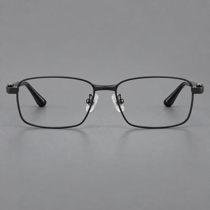 Wide rectangular titanium glasses with a broad bridge and rounded hinge caps in Black, front view side view