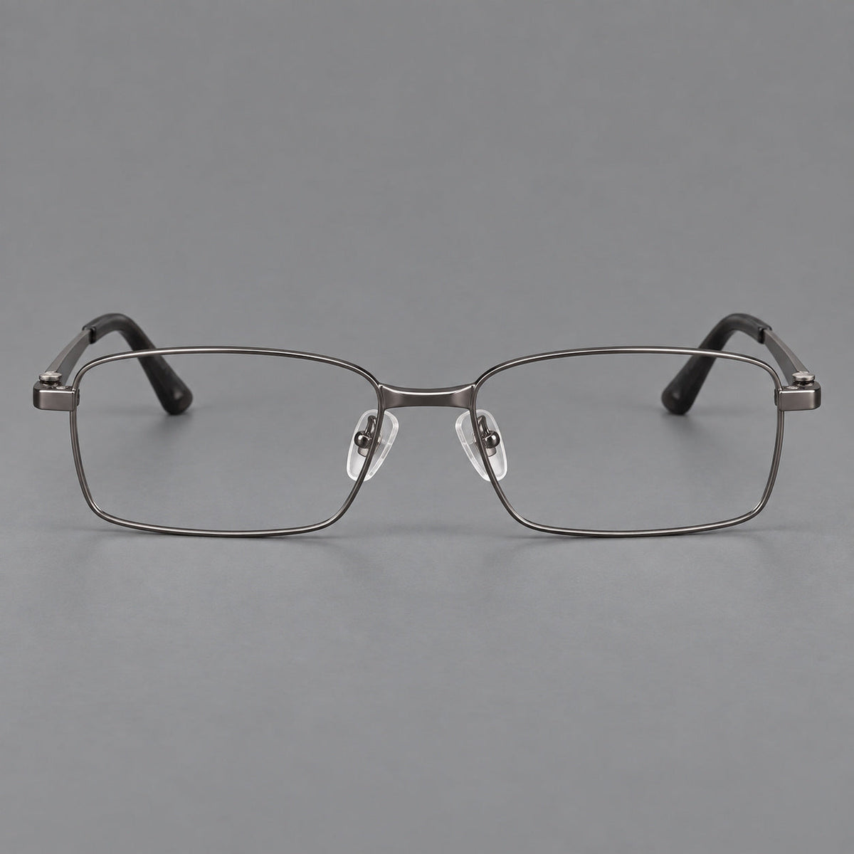 Wide rectangular titanium glasses with a broad bridge and rounded hinge caps in Gunmetal, front view