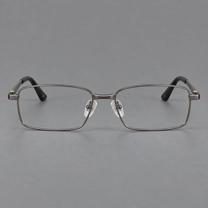 Wide rectangular titanium glasses with a broad bridge and rounded hinge caps in Gunmetal, front view frame detail
