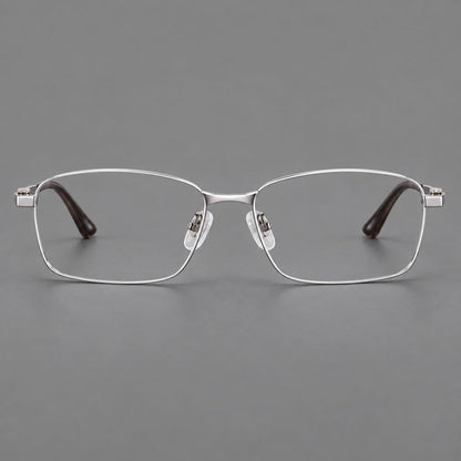 Wide rectangular titanium glasses with a broad bridge and rounded hinge caps in Silver, front view additional product view