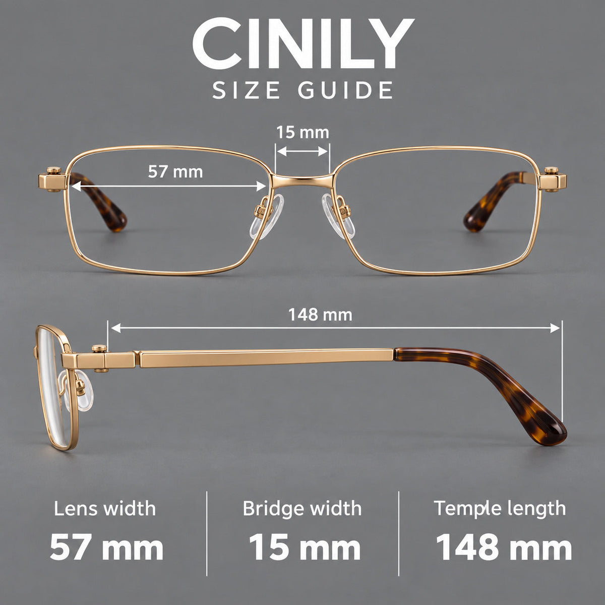 Wide rectangular titanium glasses with a broad bridge and rounded hinge caps, size guide in millimetres