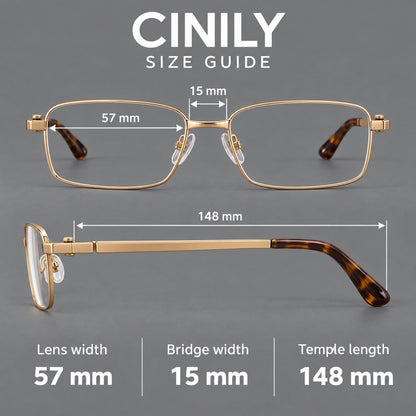 Wide rectangular titanium glasses with a broad bridge and rounded hinge caps, size guide in millimetres additional product view