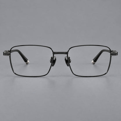 Rectangular titanium glasses with inset corner lines and metal capped temple tips in Black, front view side view