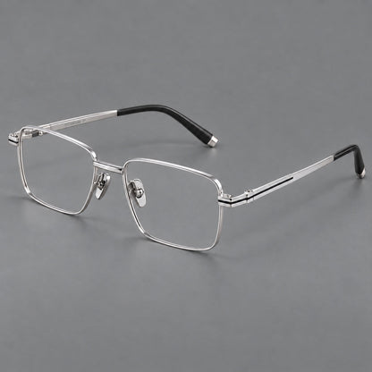 Rectangular titanium glasses with inset corner lines and metal capped temple tips in Silver, three quarter view additional product view