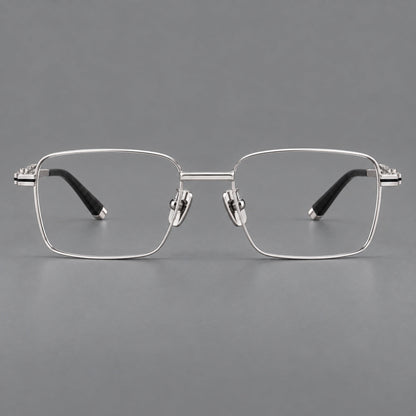 Rectangular titanium glasses with inset corner lines and metal capped temple tips in Silver, front view additional product view