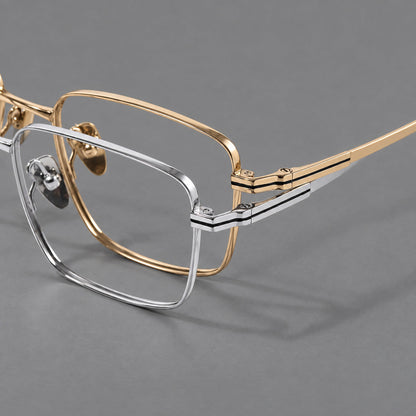 Rectangular titanium glasses with inset corner lines and metal capped temple tips, frame details additional product view