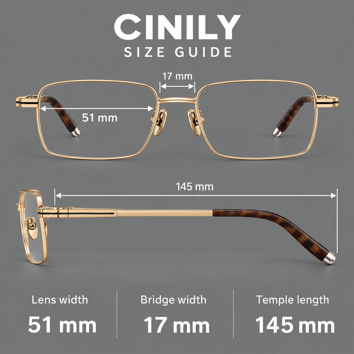 Rectangular titanium glasses with inset corner lines and metal capped temple tips, size guide in millimetres