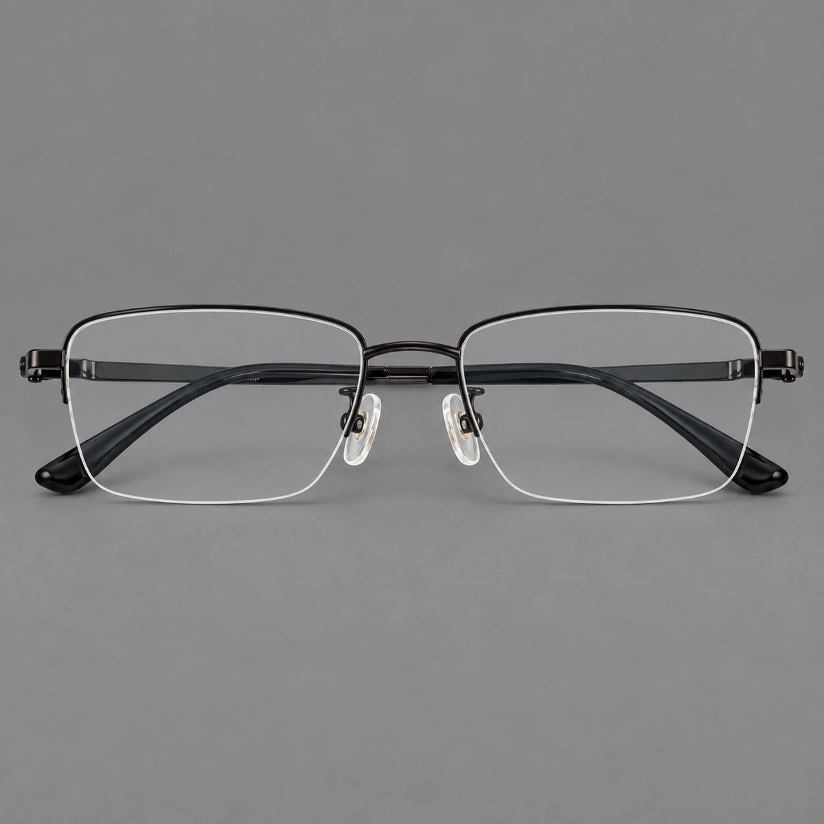 Half frame titanium glasses with rectangular lenses and rounded hinge details in Black, front view