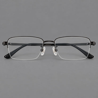 Half frame titanium glasses with rectangular lenses and rounded hinge details in Black, front view side view